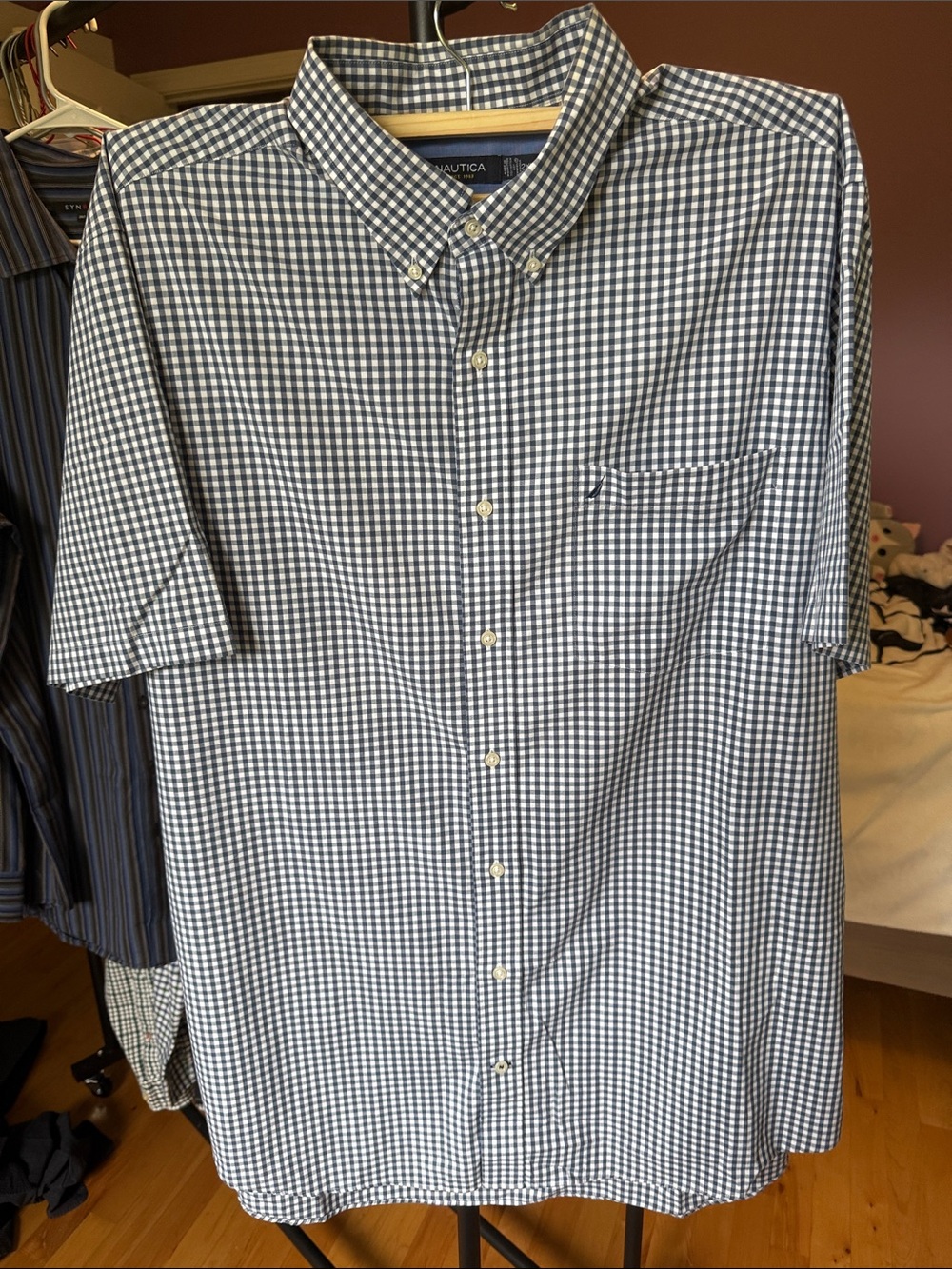 Nautica Short-Sleeve Navy and White Gingham Button-Down Shirt